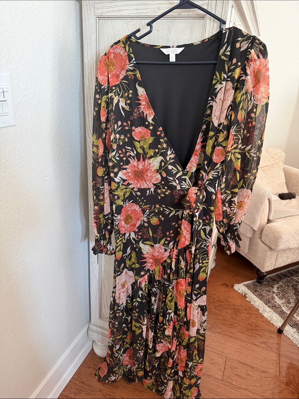 LC Lauren Conrad Black Maxi Dress with Coral and Green Floral Print